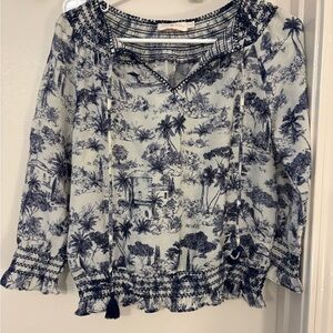 Tory Burch Navy and White Scenic Blouse size xs silk and wool